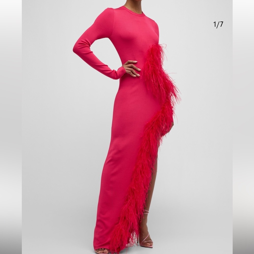 Sally LaPointe Fuchsia Feather-Trim Long Sleeve Gown